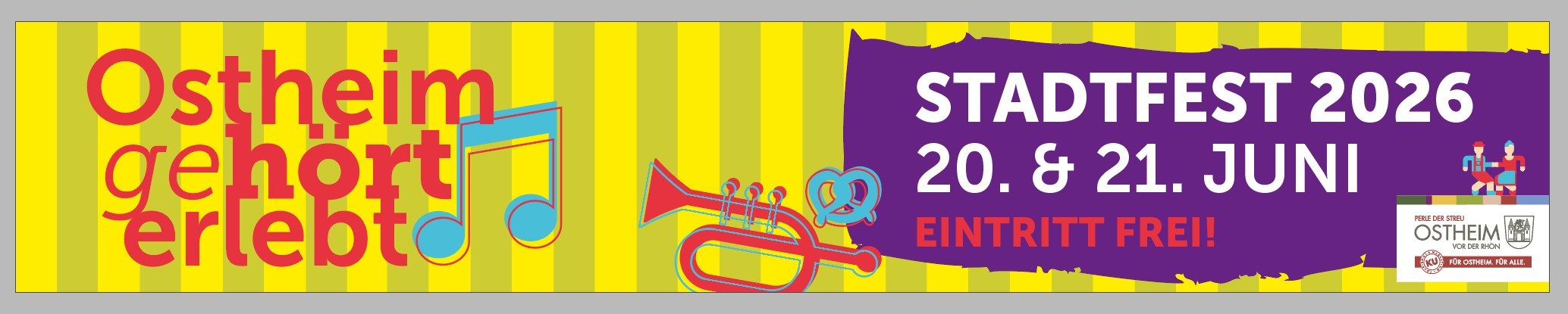 Banner f&uuml;r Stadtfest Ostheim 2026 mit Datum, Eintritt frei und bunten musikalischen Motiven.