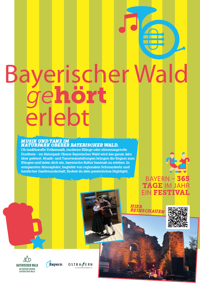 Plakat zum Naturschutzgebiet Bayerischer Wald mit Informationen zu Musik und Tanzveranstaltungen, buntem Hintergrund und QR-Code.