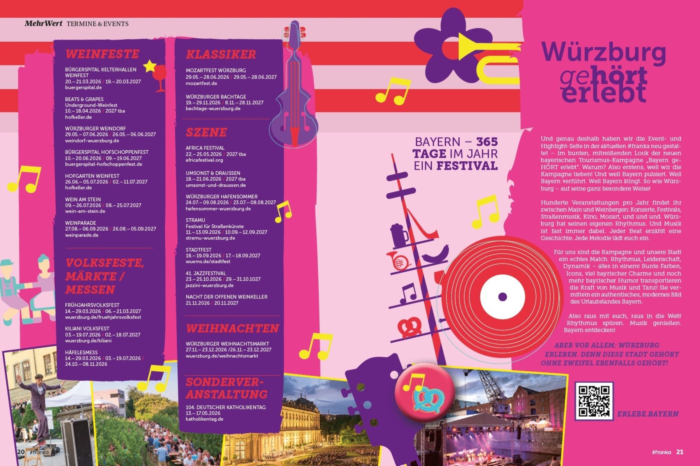 Buntes Festivalplakat mit Terminen f&uuml;r Veranstaltungen in W&uuml;rzburg, musikalischen Symbolen und einer lebhaften Gestaltung.