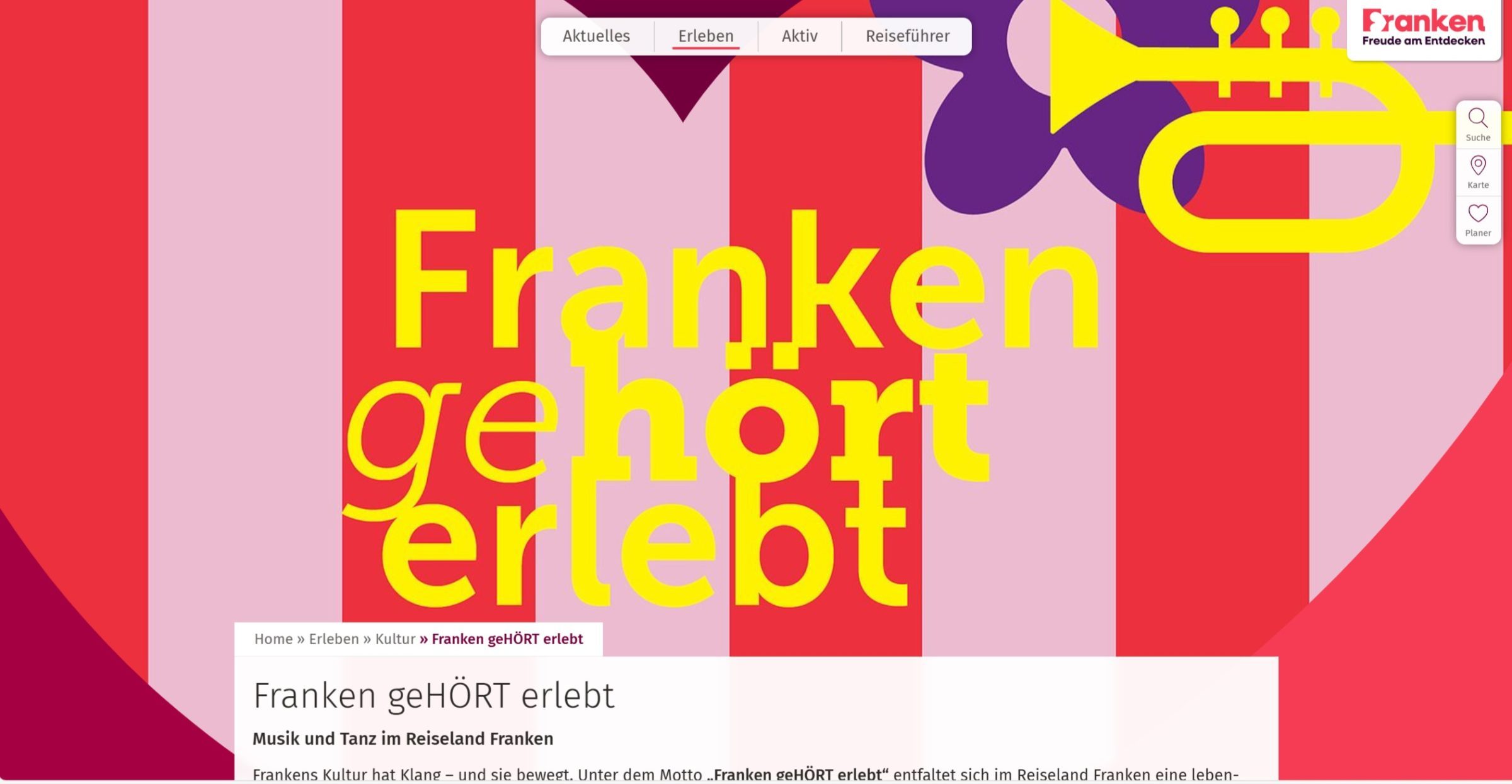 Grafische Darstellung in bunten Farben mit dem Text "Franken geH&Ouml;RT erlebt" und einem Trompeten-Icon.