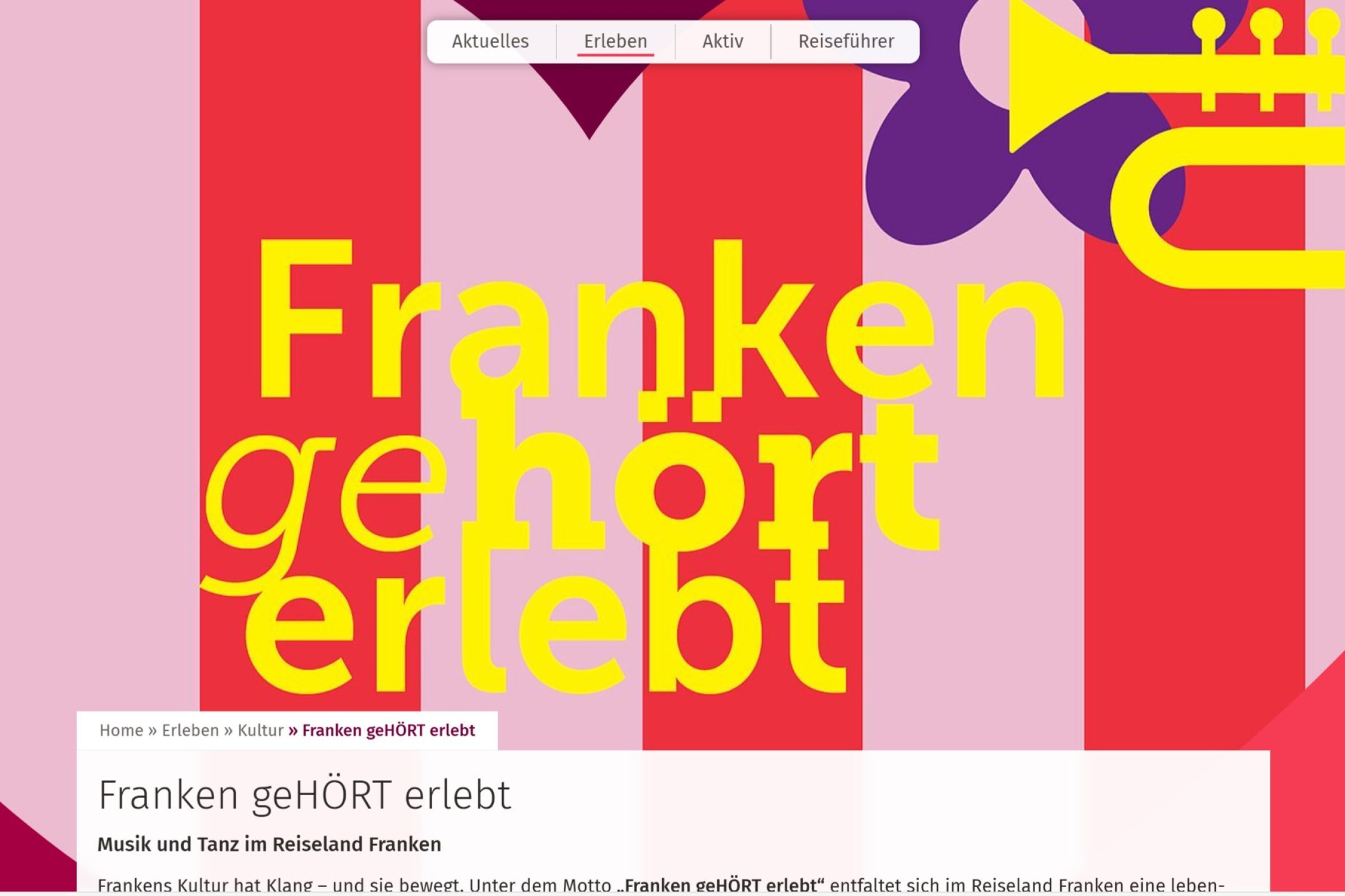 Grafische Darstellung in bunten Farben mit dem Text "Franken geH&Ouml;RT erlebt" und einem Trompeten-Icon.