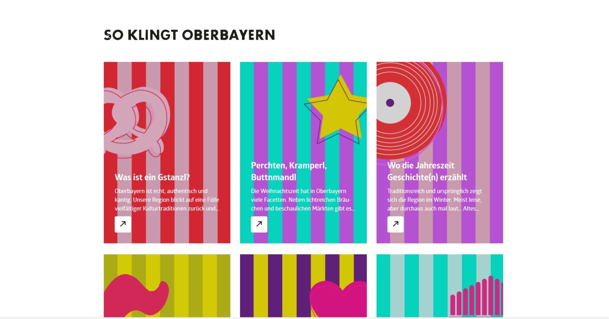Bunt gestaltete Kacheln mit verschiedenen Symbolen und Texten, thematisch zu Oberbayern und regionalen Traditionen.