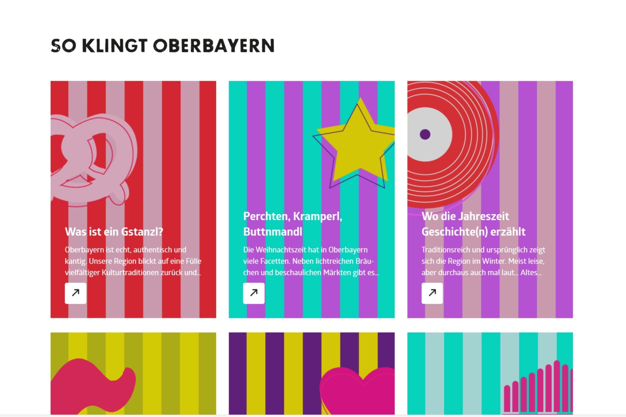 Bunt gestaltete Kacheln mit verschiedenen Symbolen und Texten, thematisch zu Oberbayern und regionalen Traditionen.