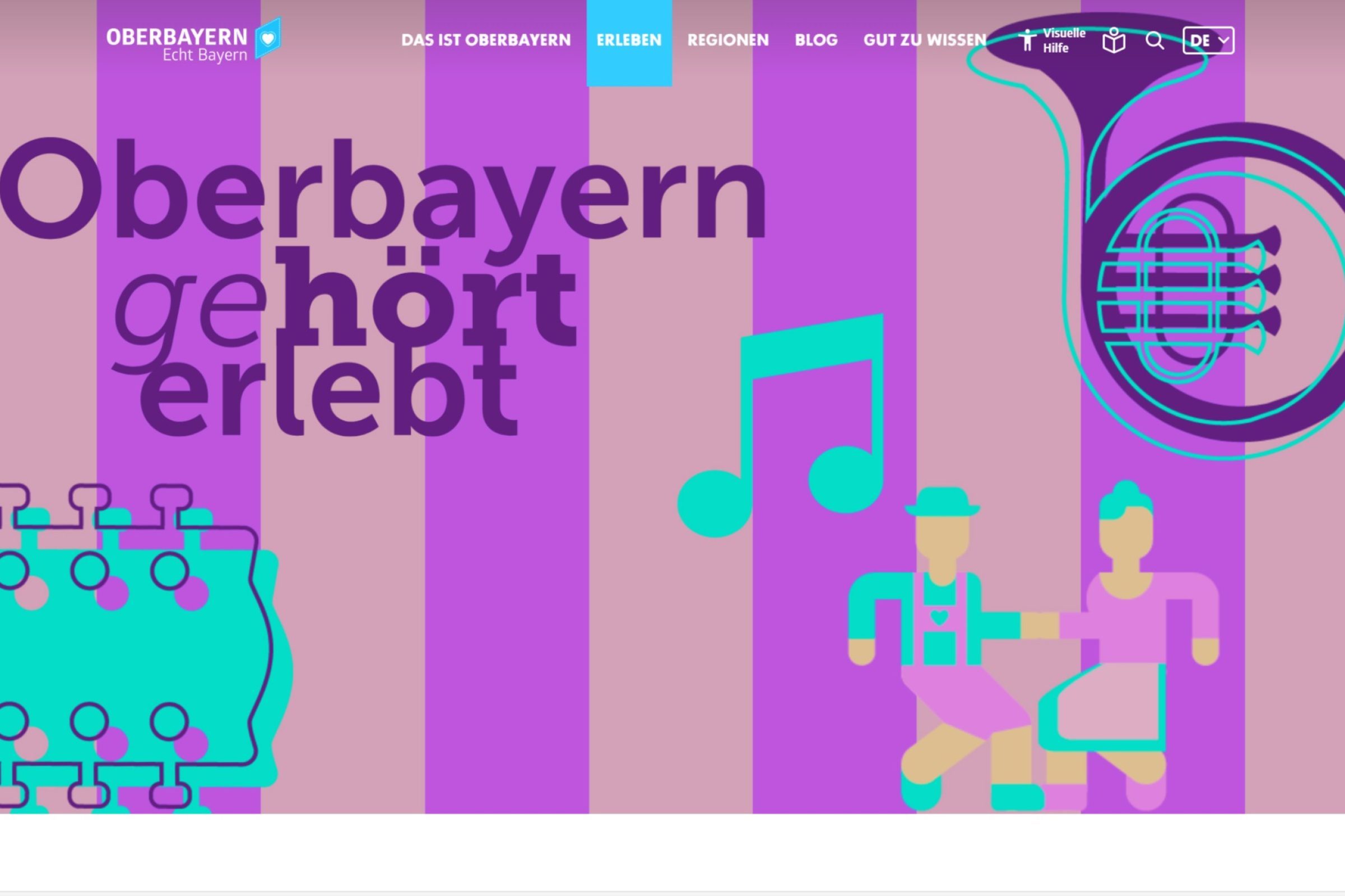 Buntes Grafikdesign mit einer Trompete, tanzenden Figuren und Noten, die Oberbayern und eine lebendige Kultur darstellen.