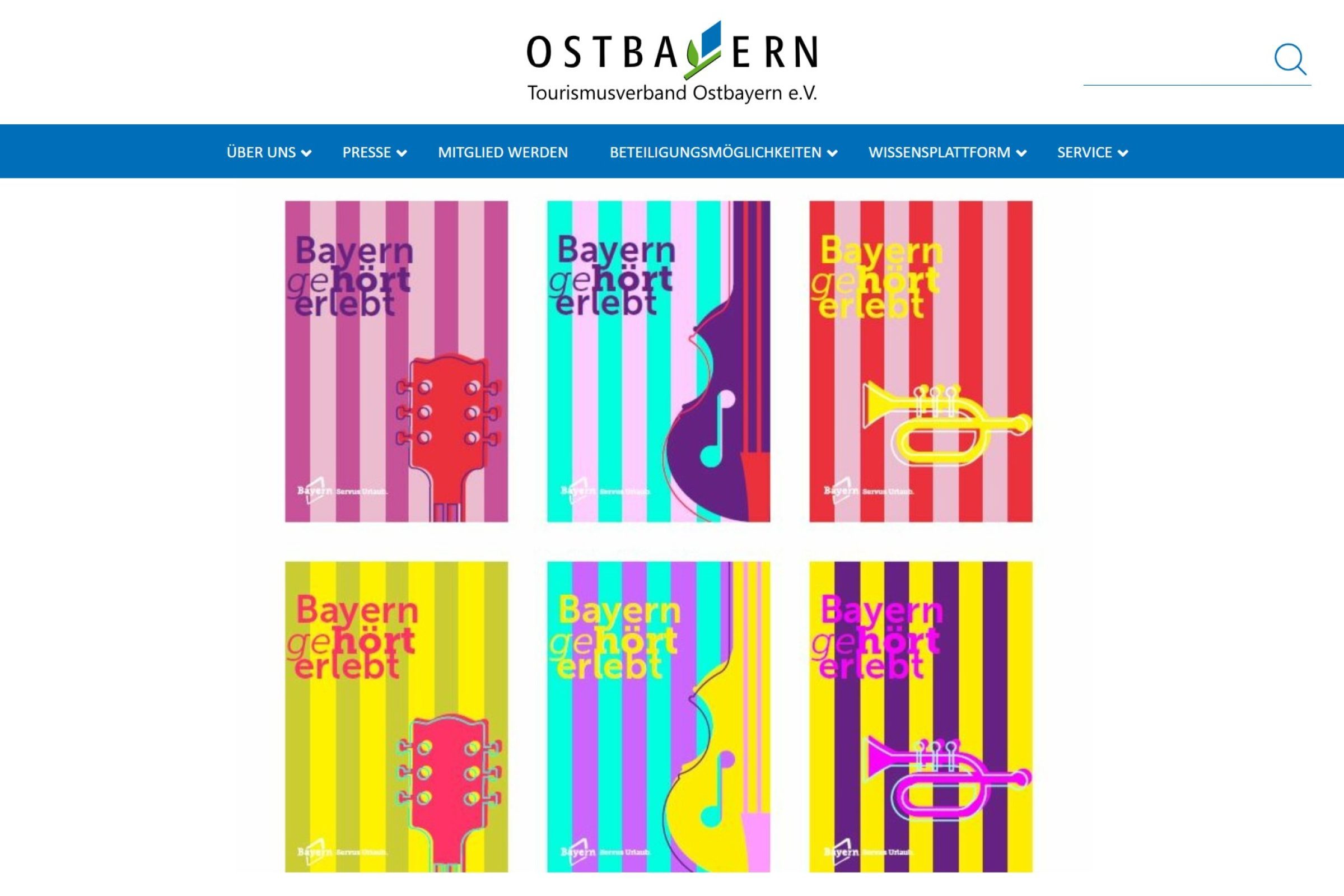 Sechs farbige Motive mit Grafiken von Musikinstrumenten und dem Text "Bayern geh&ouml;rt erlebt".