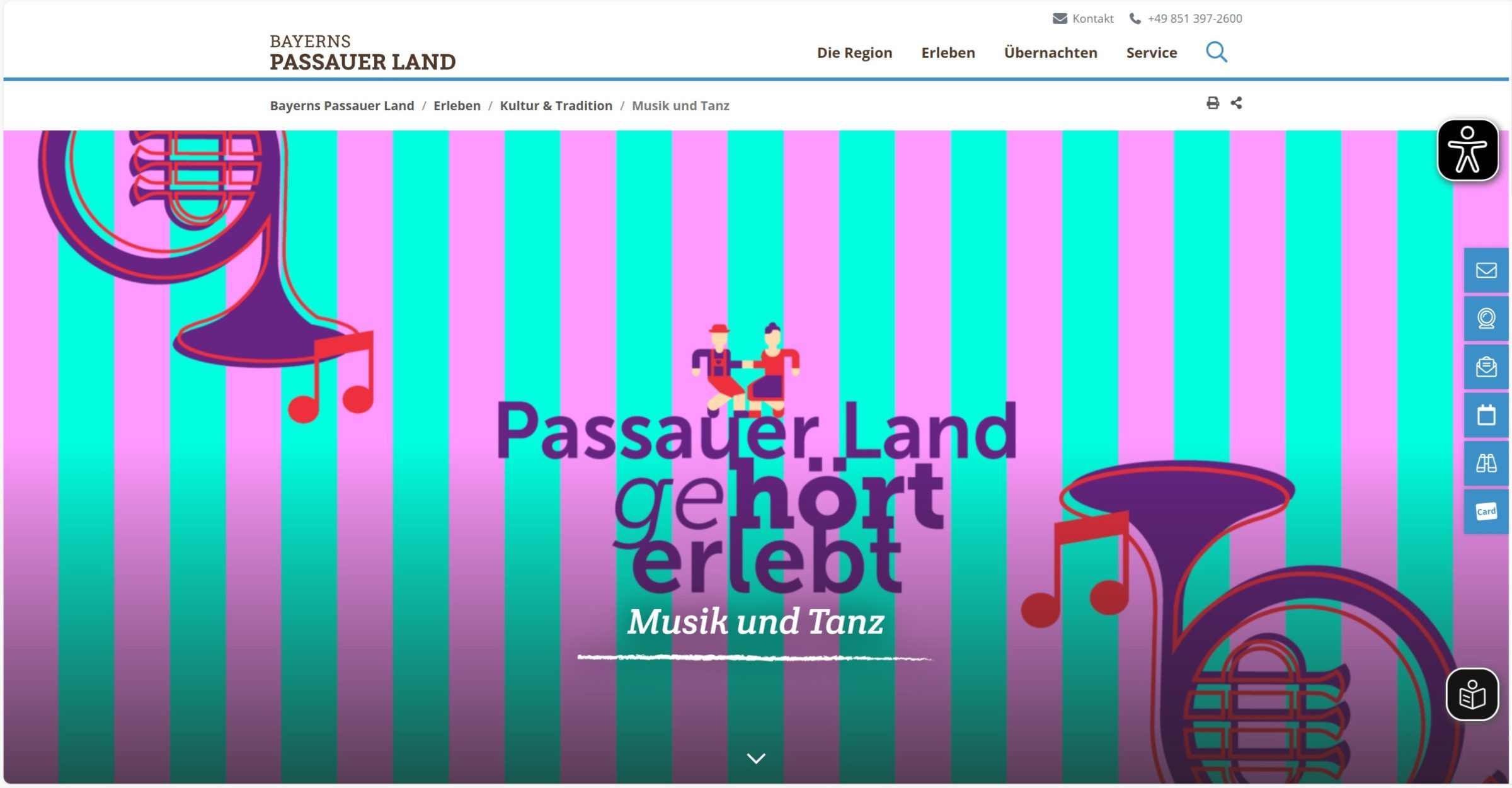 Buntes Grafikdesign mit Musiknoten, einer Trompete und T&auml;nzern, betont Kultur und Tradition im Passauer Land.
