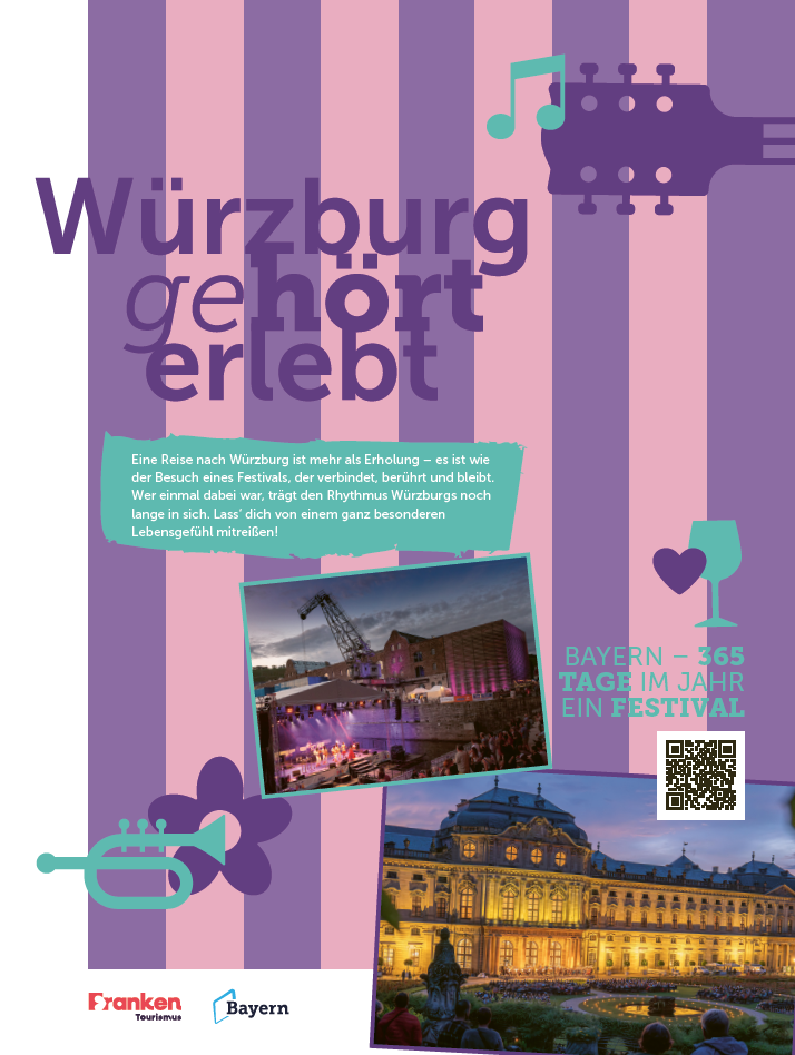 Farbige Grafik mit dem Titel "W&uuml;rzburg geh&ouml;rt erlebt", Bildern von Veranstaltungen und der W&uuml;rzburger Residenz.