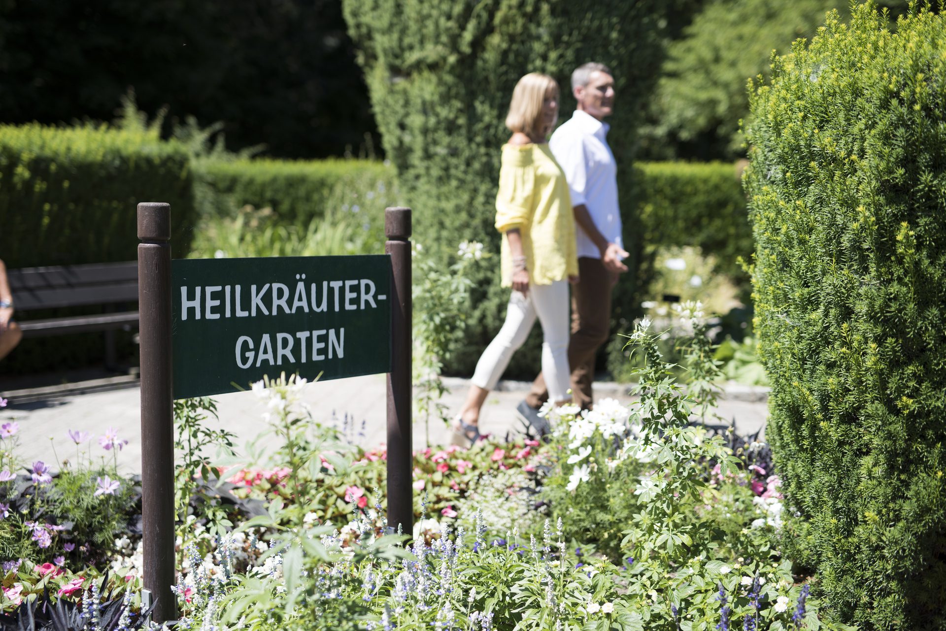 Ein Paar spaziert durch einen Heilkr&auml;utergarten, w&auml;hrend sie an verschiedenen Pflanzen und Kr&auml;utern vorbeigehen. Im Hintergrund steht ein Schild mit der Aufschrift "HEILKR&Auml;UTER-GARTEN".